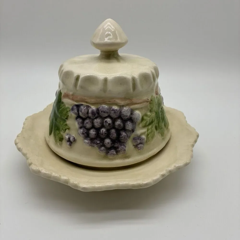 Vintage Cheese And/Or Butter Dish. Cream Color W/ Grapes & Leaves 2 Piece.